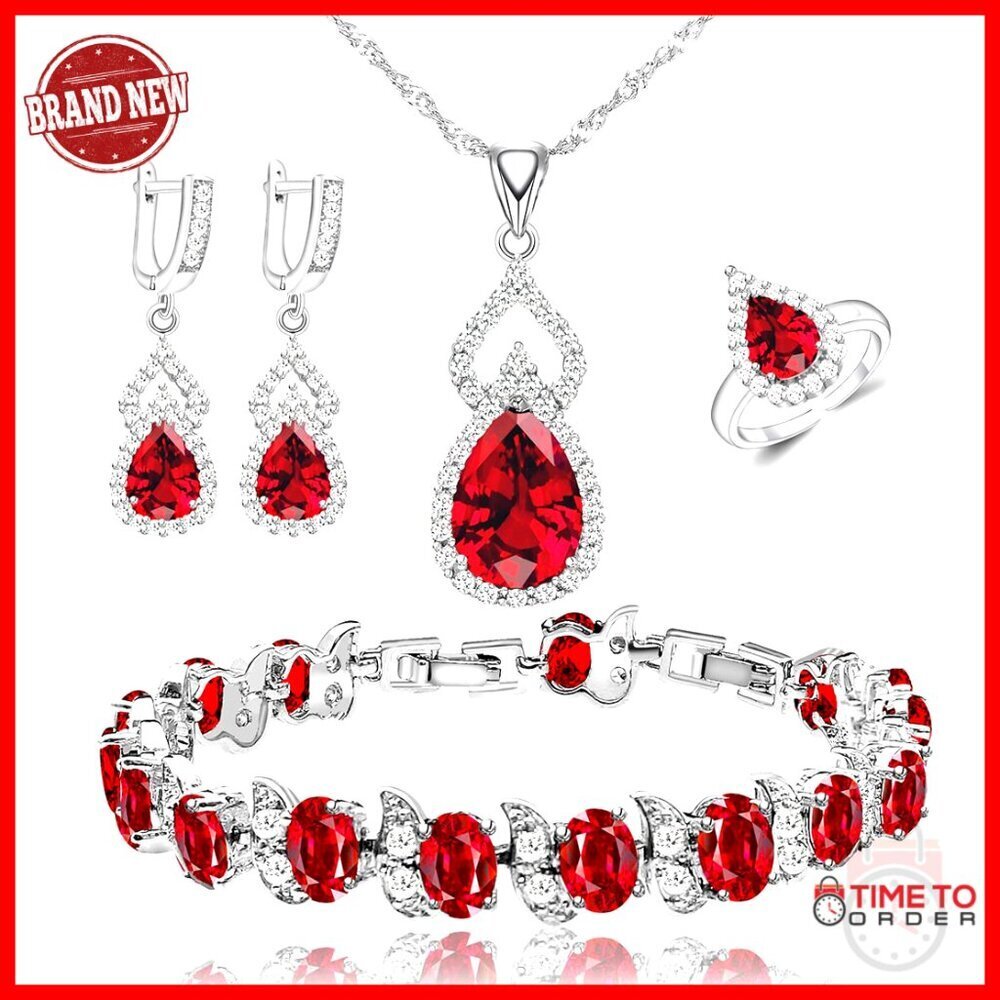 White Gold Plated Jewelry Set with Cubic Zirconia, Adjustable Ring, Necklace,